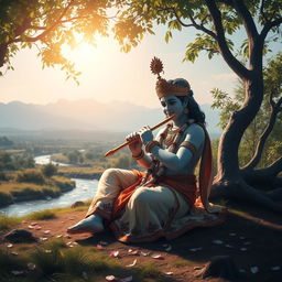 Lord Krishna seated peacefully in a serene and lonely place, surrounded by lush greenery and a soft, flowing river nearby