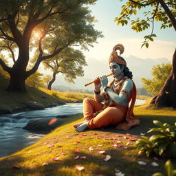 Lord Krishna seated peacefully in a serene and lonely place, surrounded by lush greenery and a soft, flowing river nearby