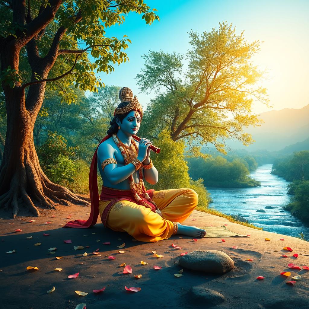 Lord Krishna seated peacefully in a serene and lonely place, surrounded by lush greenery and a soft, flowing river nearby