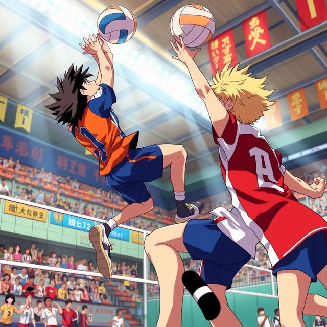 A dynamic and action-packed scene from a volleyball match featuring characters inspired by Haikyuu, showcasing players in mid-air performing powerful spikes and blocks