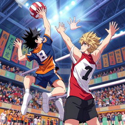 A dynamic and action-packed scene from a volleyball match featuring characters inspired by Haikyuu, showcasing players in mid-air performing powerful spikes and blocks