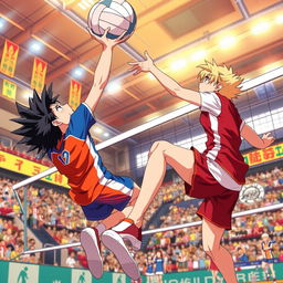 A dynamic and action-packed scene from a volleyball match featuring characters inspired by Haikyuu, showcasing players in mid-air performing powerful spikes and blocks