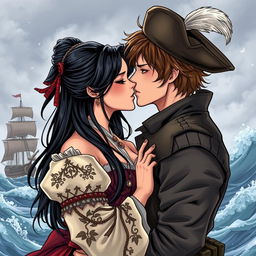 An illustration in manhwa style of a couple kissing
