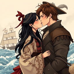 An illustration in manhwa style of a couple kissing