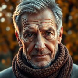 A realistic and expressive portrait of a human, focusing on the eyes, which exude a sense of wisdom and kindness
