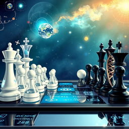 A beautifully illustrated scene depicting a science-themed chess game, where the chess pieces are intricately designed to represent scientific elements