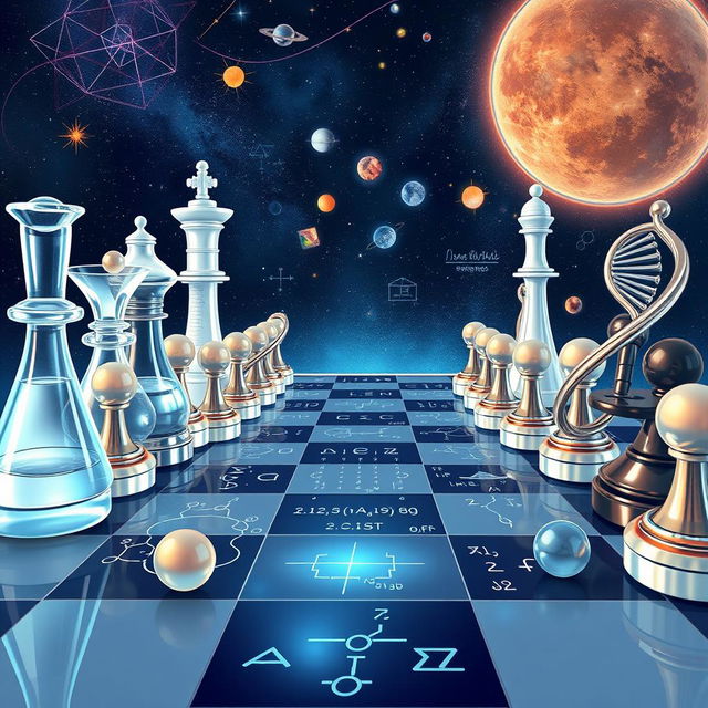 A beautifully illustrated scene depicting a science-themed chess game, where the chess pieces are intricately designed to represent scientific elements