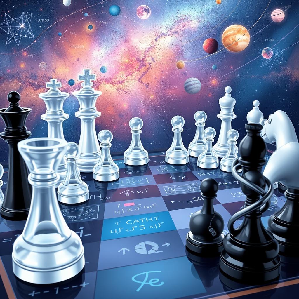 A beautifully illustrated scene depicting a science-themed chess game, where the chess pieces are intricately designed to represent scientific elements