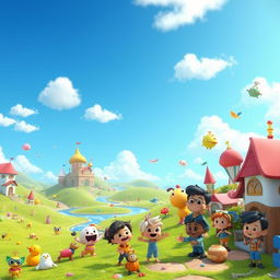 A vibrant 3D cartoon video scene depicting a whimsical fantasy world filled with colorful landscapes, playful characters, and animated objects