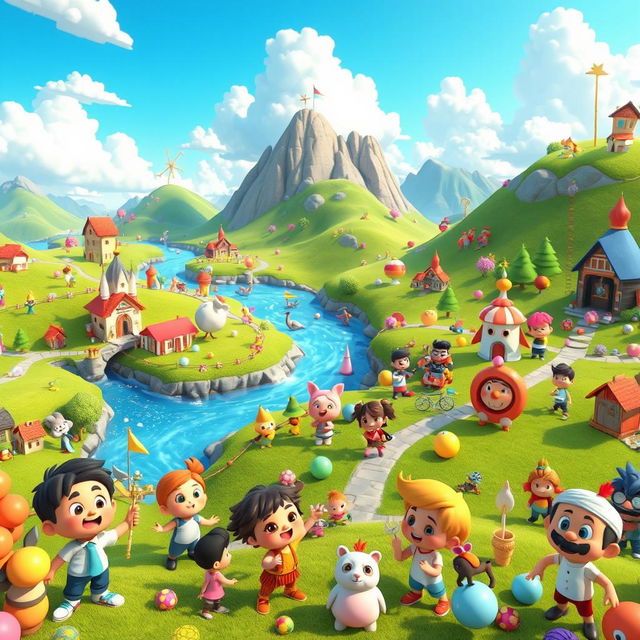 A vibrant 3D cartoon video scene depicting a whimsical fantasy world filled with colorful landscapes, playful characters, and animated objects