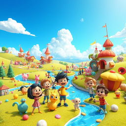 A vibrant 3D cartoon video scene depicting a whimsical fantasy world filled with colorful landscapes, playful characters, and animated objects