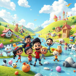 A vibrant 3D cartoon video scene depicting a whimsical fantasy world filled with colorful landscapes, playful characters, and animated objects