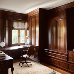 A beautifully arranged room with a large window opposite the door, hosting a dark brown wooden bed, matching cupboard, and dressing table alongside a study table, all arranged harmoniously with suitable color combinations.