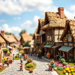 A detailed miniature model of a bustling fantasy village, showcasing charming cobblestone streets, cute thatched cottages, and vibrant flower gardens
