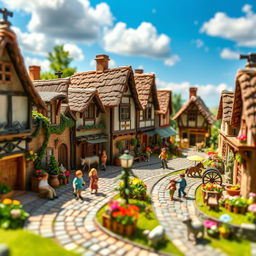 A detailed miniature model of a bustling fantasy village, showcasing charming cobblestone streets, cute thatched cottages, and vibrant flower gardens