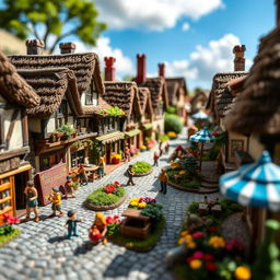A detailed miniature model of a bustling fantasy village, showcasing charming cobblestone streets, cute thatched cottages, and vibrant flower gardens