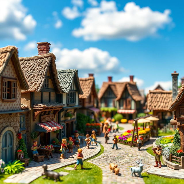 A detailed miniature model of a bustling fantasy village, showcasing charming cobblestone streets, cute thatched cottages, and vibrant flower gardens