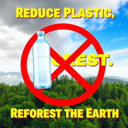 A vibrant environmental campaign poster promoting the reduction of plastic usage and supporting forest reforestation