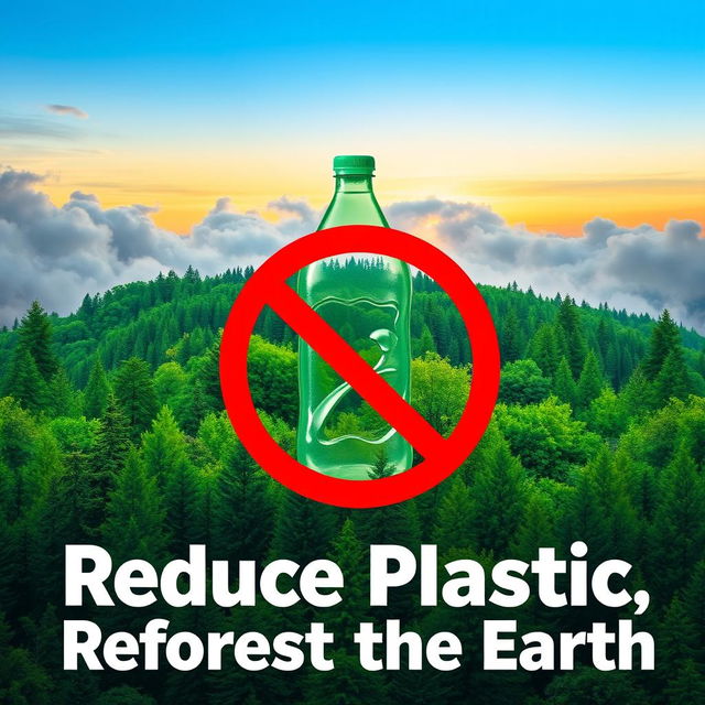 A vibrant environmental campaign poster promoting the reduction of plastic usage and supporting forest reforestation