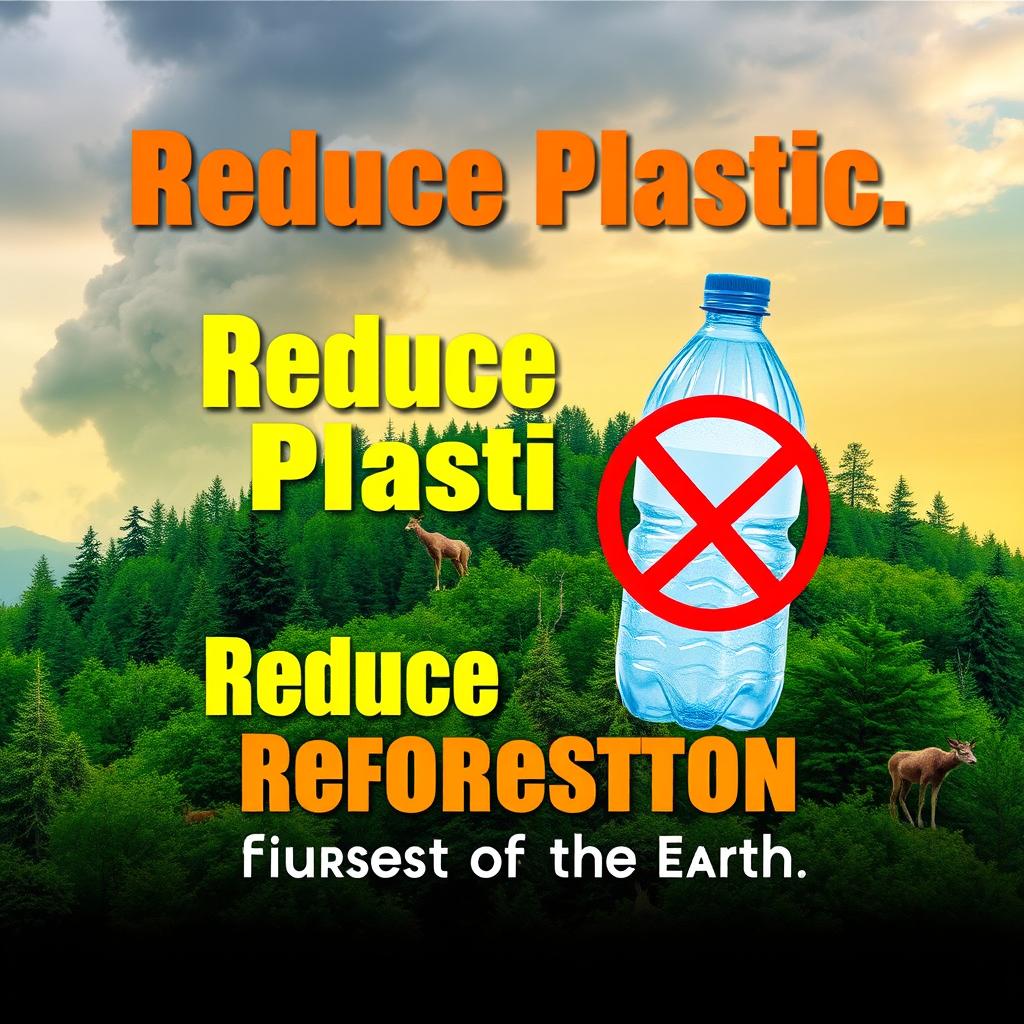 A vibrant environmental campaign poster promoting the reduction of plastic usage and supporting forest reforestation