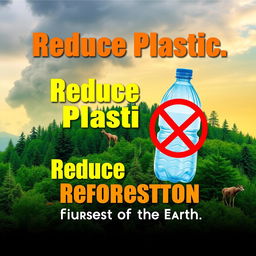 A vibrant environmental campaign poster promoting the reduction of plastic usage and supporting forest reforestation