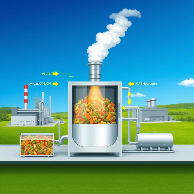 A detailed and technical illustration of a gasification process chamber used for converting domestic waste into energy