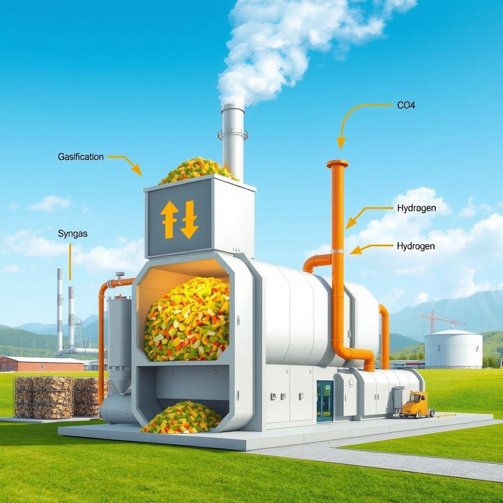 A detailed and technical illustration of a gasification process chamber used for converting domestic waste into energy