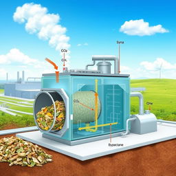 A detailed and technical illustration of a gasification process chamber used for converting domestic waste into energy