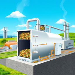 A detailed and technical illustration of a gasification process chamber used for converting domestic waste into energy