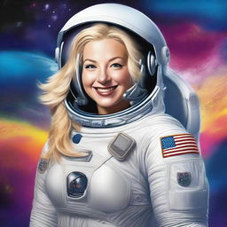 Create a high-quality digital art piece that features a blonde woman with a voluptuous figure, donning an astronaut suit