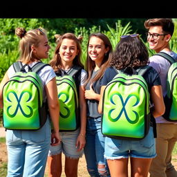 A group of vibrant young people standing together in a lively outdoor setting, each wearing stylish backpacks