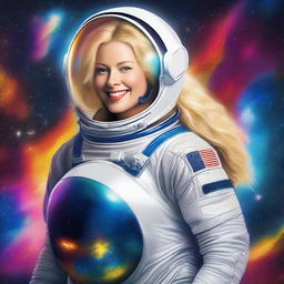 Create a high-quality digital art piece that features a blonde woman with a voluptuous figure, donning an astronaut suit