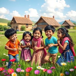 In a quaint, picturesque village, four children named Rohan, Priya, Arjun, and Sophia are depicted playing joyfully together