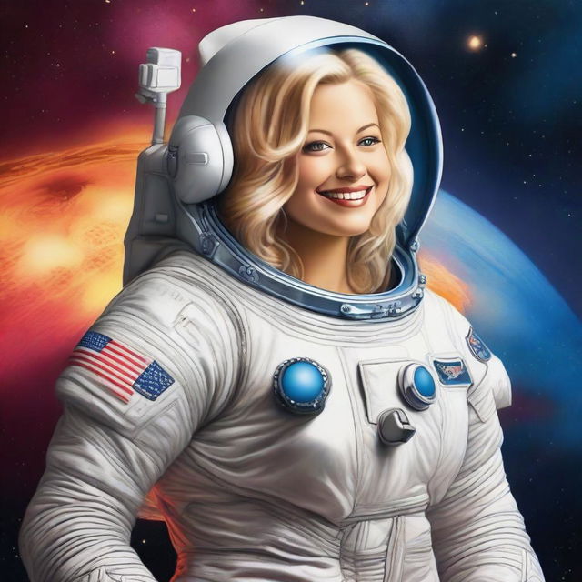 Create a high-quality digital art piece that features a blonde woman with a voluptuous figure, donning an astronaut suit