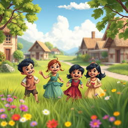 In a quaint, picturesque village, four children named Rohan, Priya, Arjun, and Sophia are depicted playing joyfully together