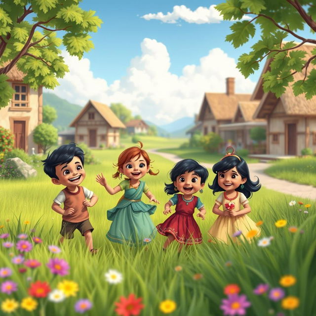 In a quaint, picturesque village, four children named Rohan, Priya, Arjun, and Sophia are depicted playing joyfully together