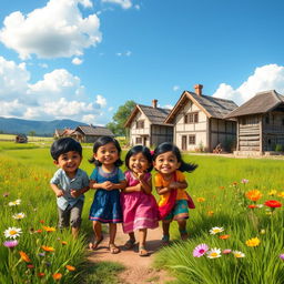 In a quaint, picturesque village, four children named Rohan, Priya, Arjun, and Sophia are depicted playing joyfully together