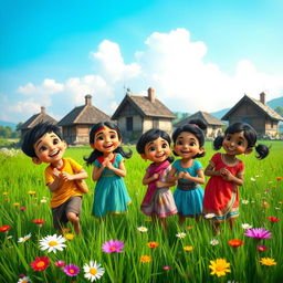 In a quaint, picturesque village, four children named Rohan, Priya, Arjun, and Sophia are depicted playing joyfully together