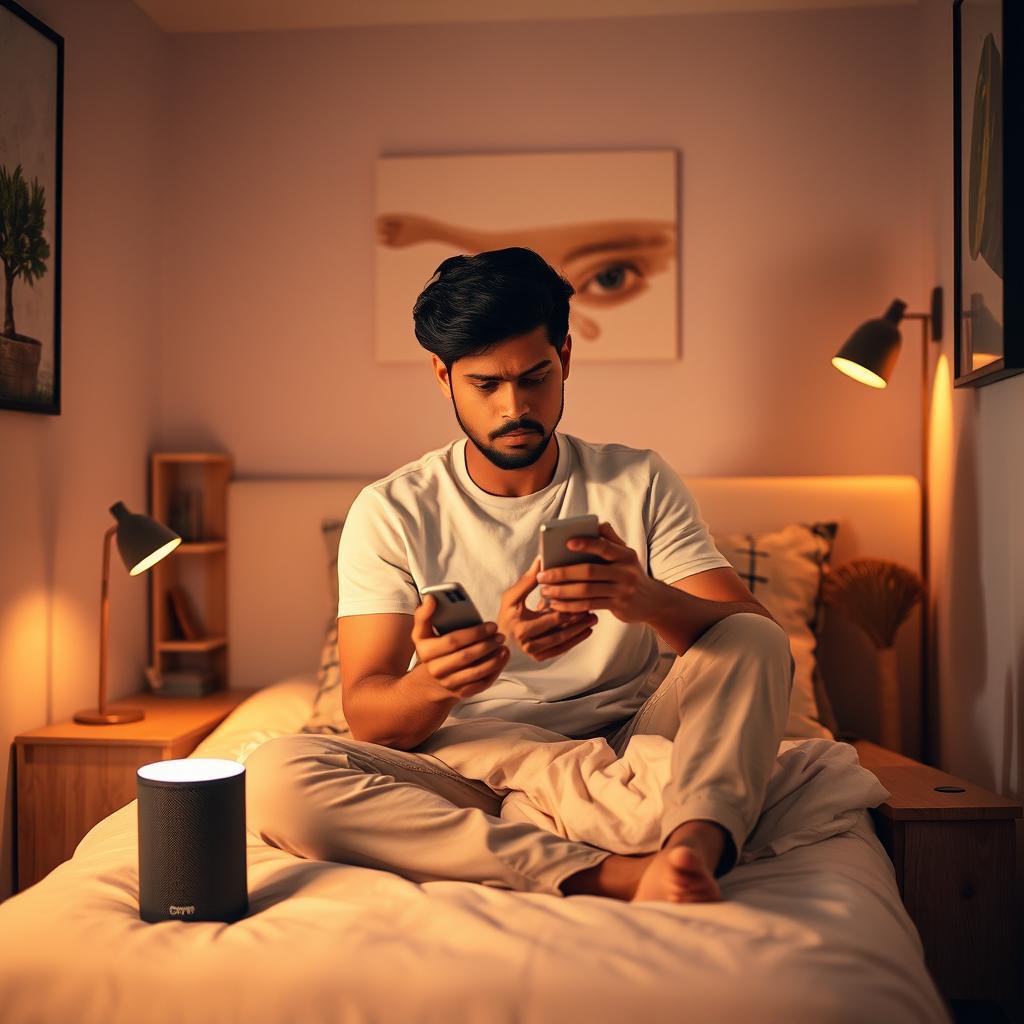 A young Indian man sitting on a bed in a small cozy bedroom, looking stressed while holding his phone, with a worried expression