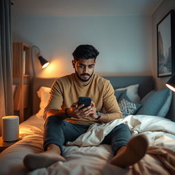 A young Indian man sitting on a bed in a small cozy bedroom, looking stressed while holding his phone, with a worried expression