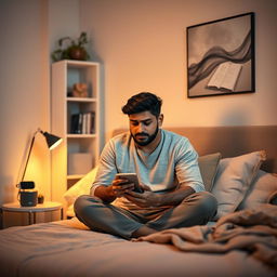 A young Indian man sitting on a bed in a small cozy bedroom, looking stressed while holding his phone, with a worried expression