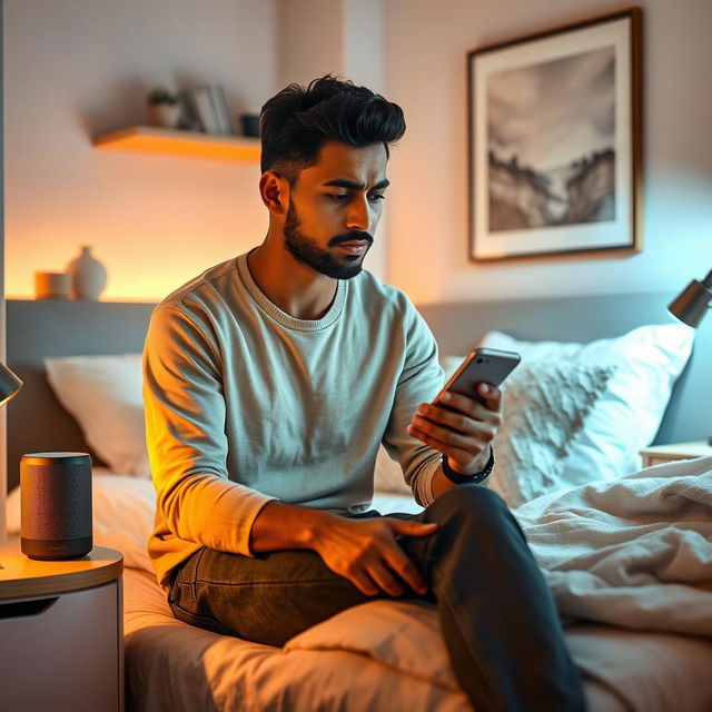 A young Indian man sitting on a bed in a small cozy bedroom, looking stressed while holding his phone, with a worried expression