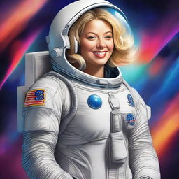 Create a high-quality digital art piece that features a blonde woman with a voluptuous figure, donning an astronaut suit