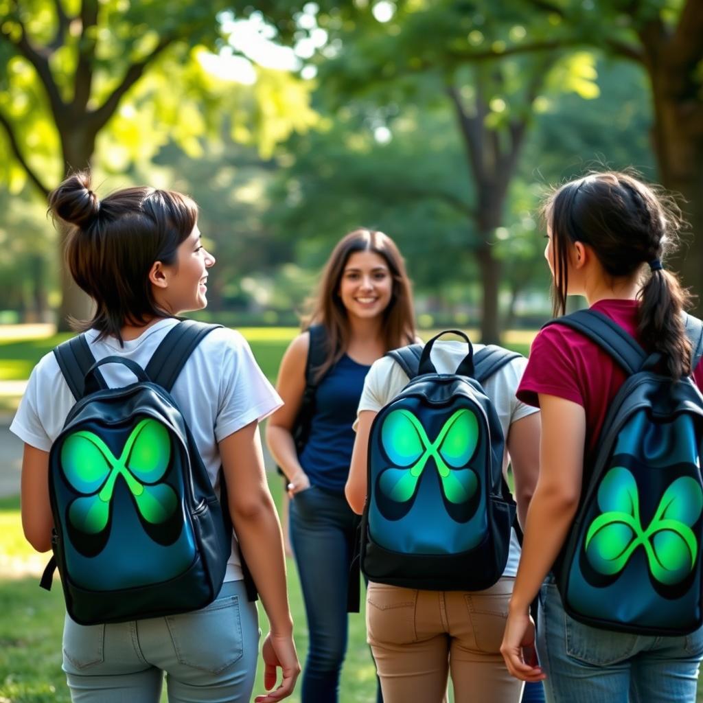 A group of young people in casual clothing, each carrying backpacks adorned with a striking infinity symbol that blends shades of green and blue
