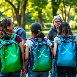 A group of young people in casual clothing, each carrying backpacks adorned with a striking infinity symbol that blends shades of green and blue
