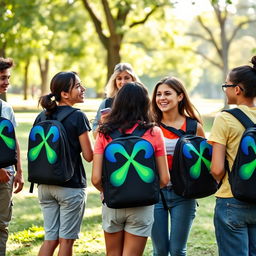 A group of young people in casual clothing, each carrying backpacks adorned with a striking infinity symbol that blends shades of green and blue
