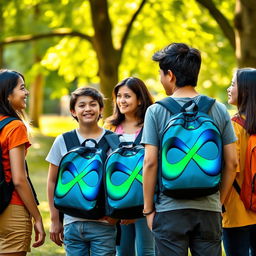 A group of young people in casual clothing, each carrying backpacks adorned with a striking infinity symbol that blends shades of green and blue