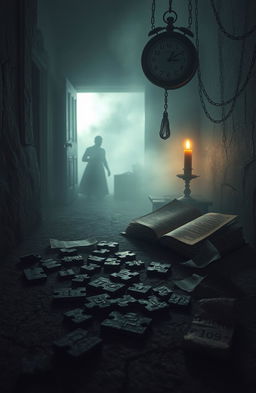 A mysterious and surreal scene titled 'Cipher', set in a foggy landscape