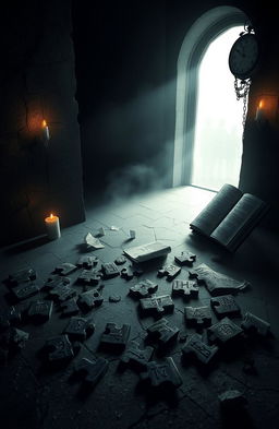 A mysterious and surreal scene titled 'Cipher', set in a foggy landscape