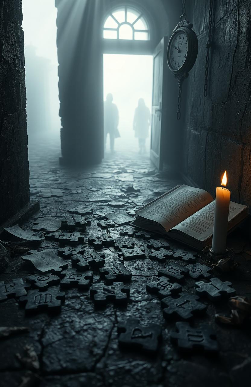 A mysterious and surreal scene titled 'Cipher', set in a foggy landscape